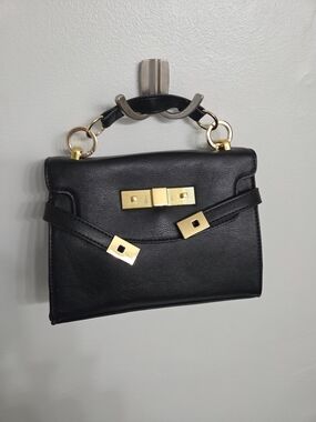 Structured Black Leather Satchel with Gold-Tone Hardware